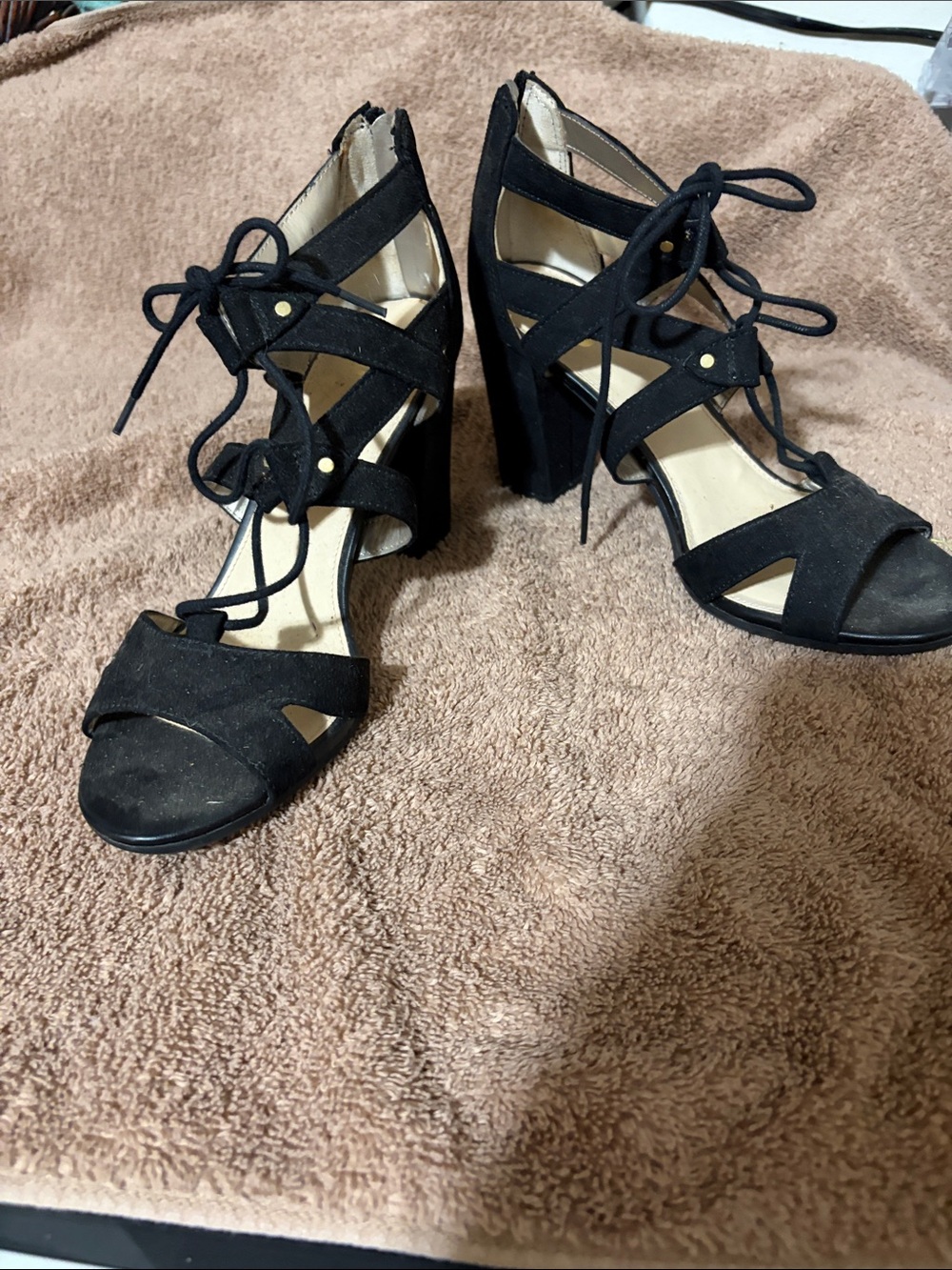 Circus by Sam Edelman Black Lace-Up Suede Block Heel Sandals